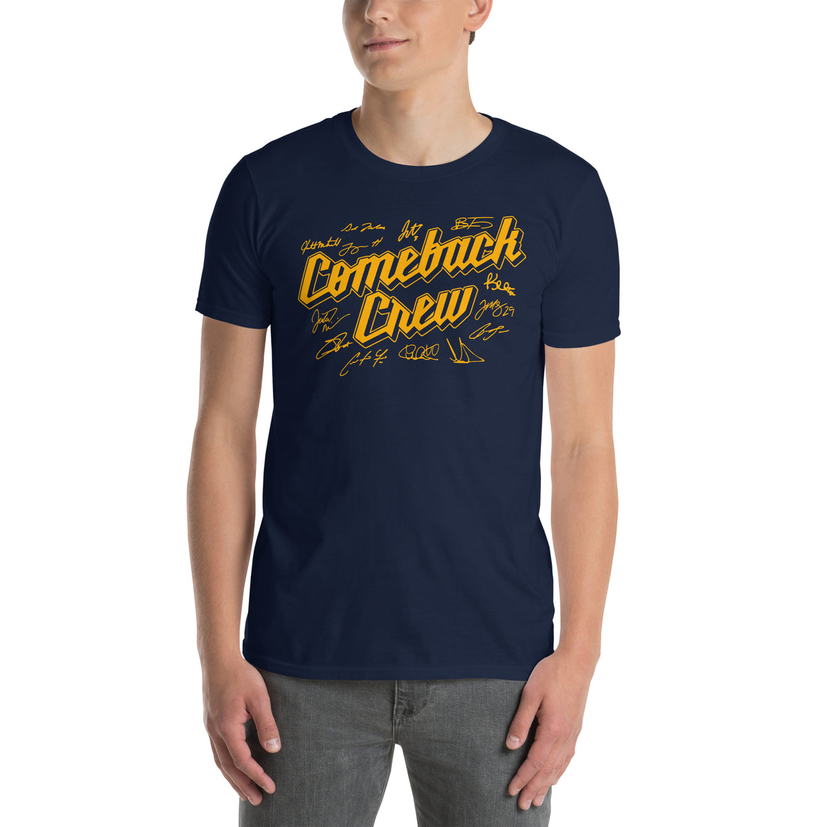 Navy Milwaukee Baseball Comeback Crew graphic t-shirt with bold gold script lettering and player signatures on the front