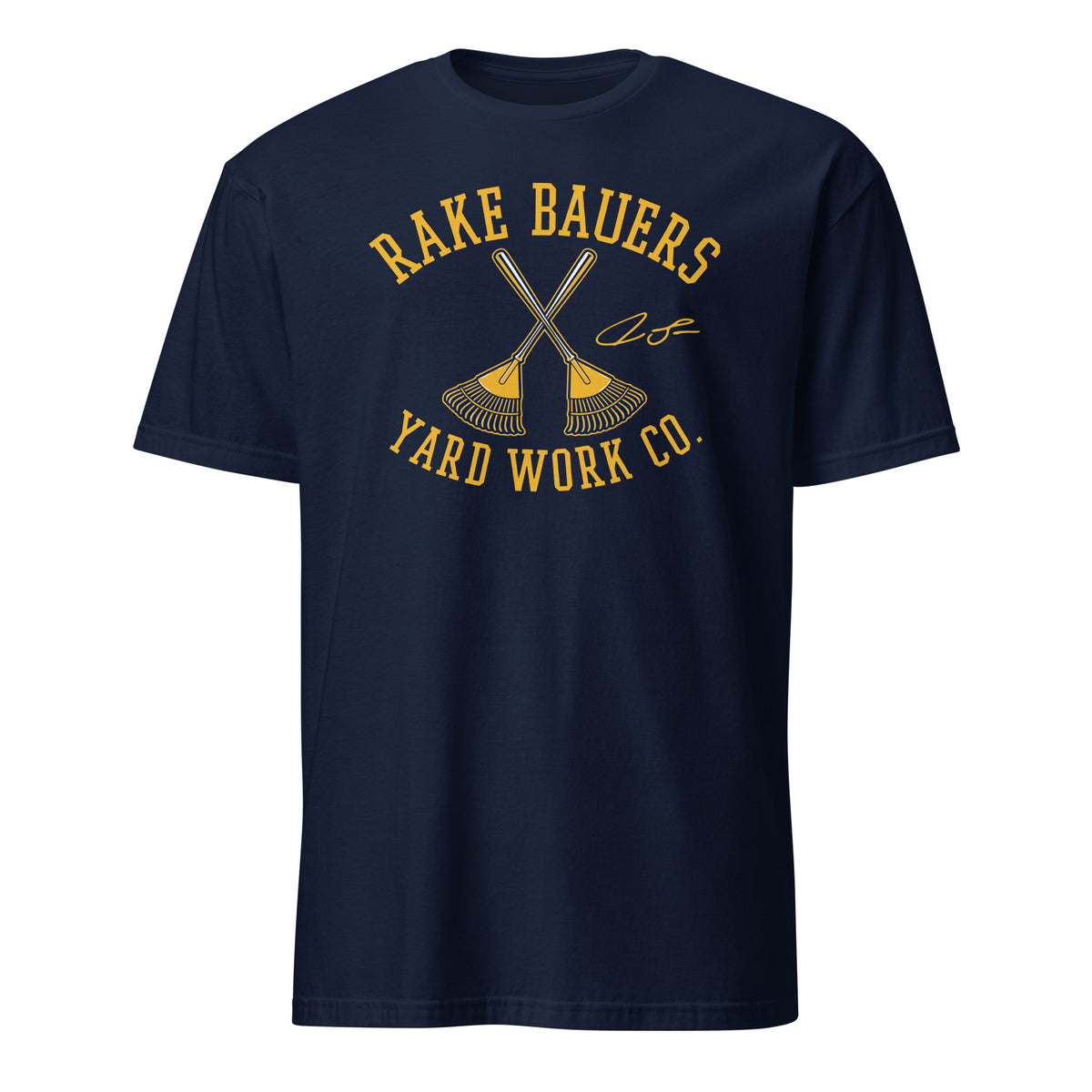 Navy unisex t-shirt with gold "Rake Bauers Yard Work Co." graphic and crossed rakes — Milwaukee baseball fan apparel
