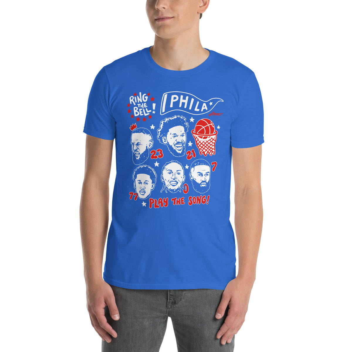 Royal blue Philadelphia basketball graphic t-shirt featuring illustrated portraits of Embiid (#21), Brown (#23), Maxey (#0), Edgecombe (#7), and teammates with 'Ring the Bell' and 'Play the Song' text
