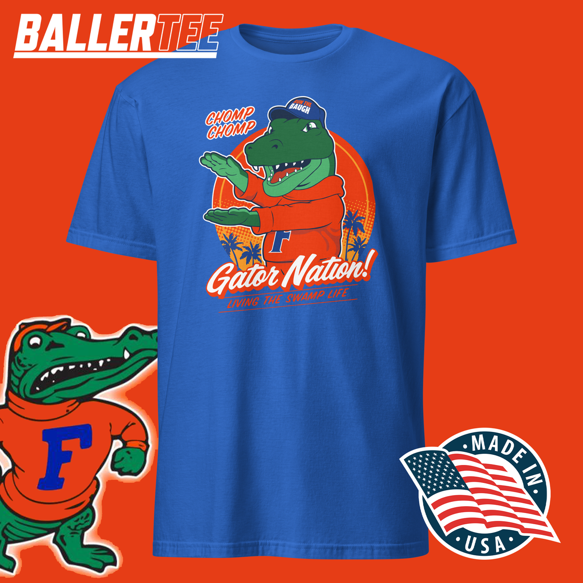 Royal blue Chomp Chomp Florida Gators football graphic T-shirt, front view