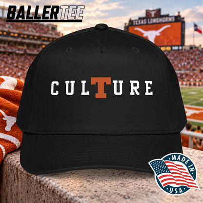 Black Texas Football Culture snapback hat with “CULTURE” lettering on the front, a curved visor, and an adjustable closure.