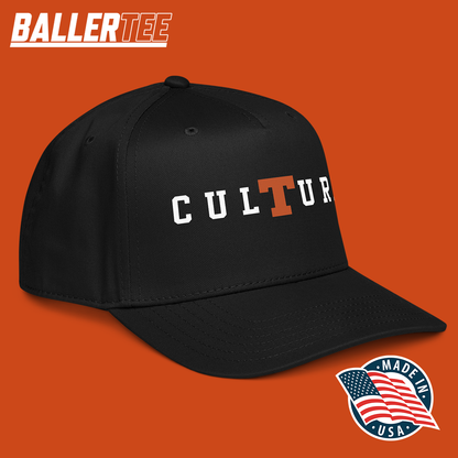 Black Texas Football Culture snapback hat with “CULTURE” lettering on the front, a curved visor, and an adjustable closure.