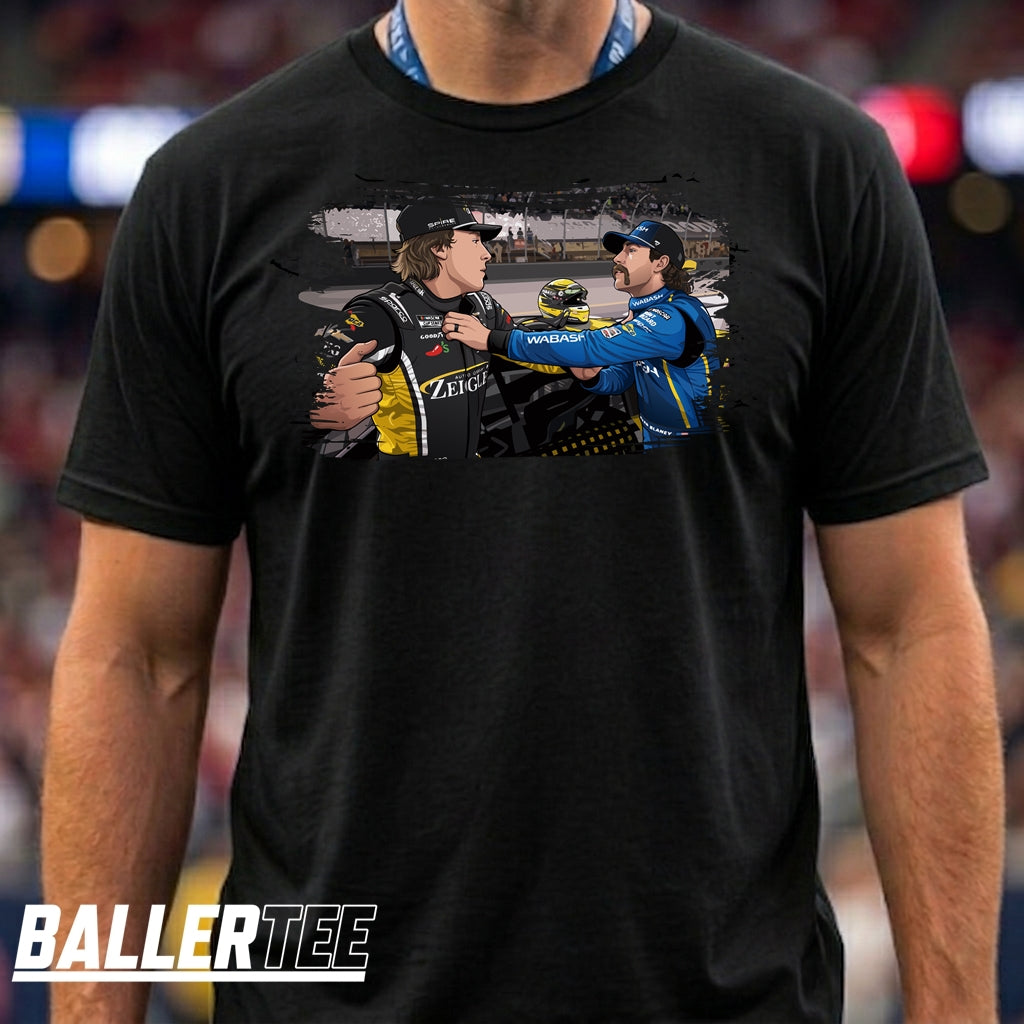 Carson Hocevar and Ryan Blaney fight meme graphic printed on a unisex racing fan T-shirt.