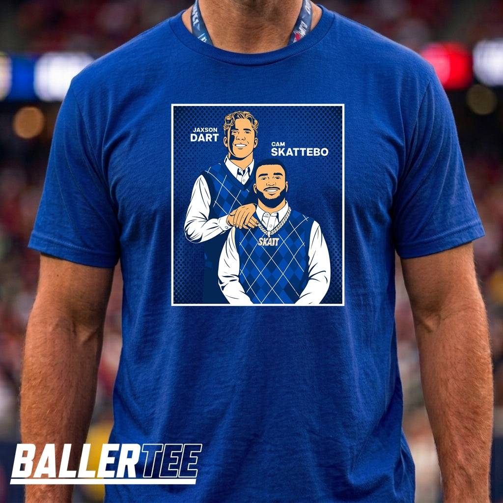A man wearing a royal blue t-shirt with a graphic print of basketball players Jayson Dart and Camattebo. The shirt features a white border around the graphic, which shows them in blue argyle sweaters.