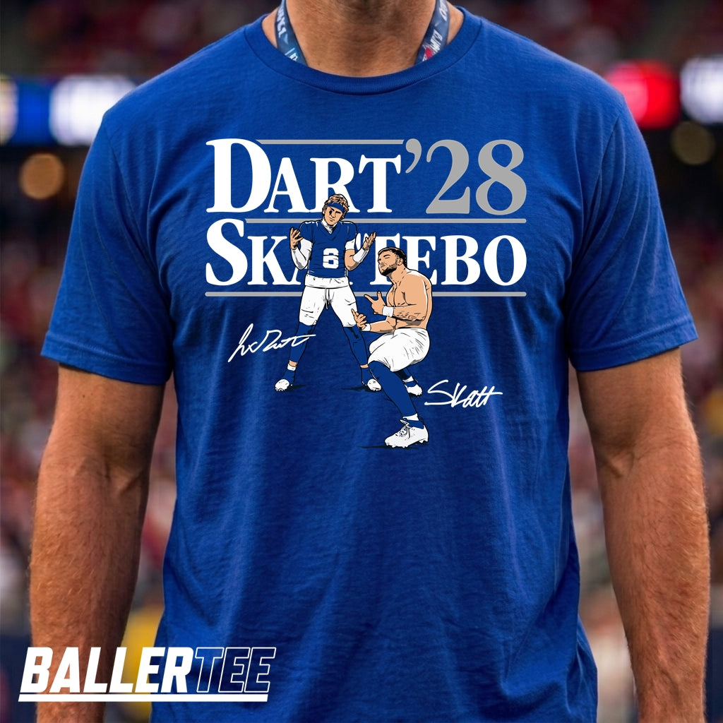 Jaxson Dart Cam Skattebo NY Giants Football T-Shirt in royal blue, front view – BallerTee graphic tee