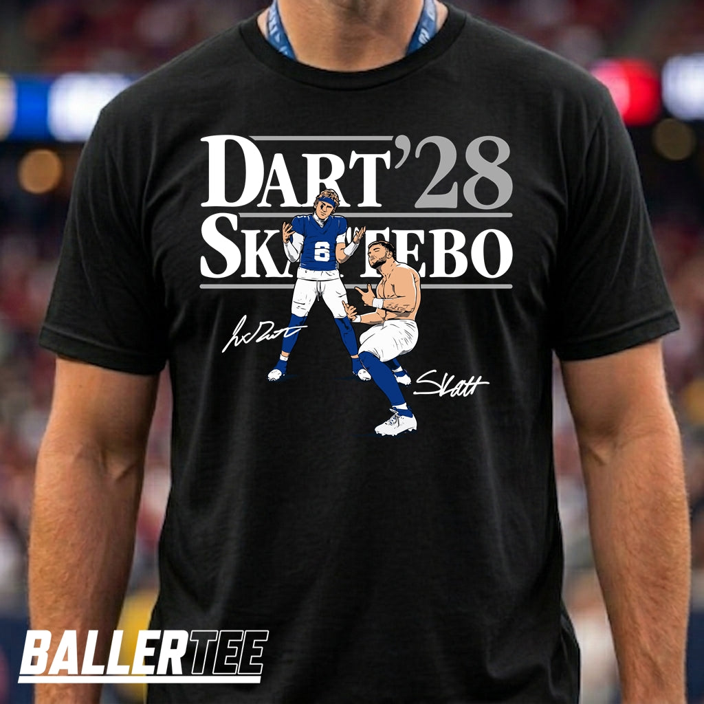 Jaxson Dart Cam Skattebo NY Giants Football T-Shirt in black, front view – BallerTee graphic tee