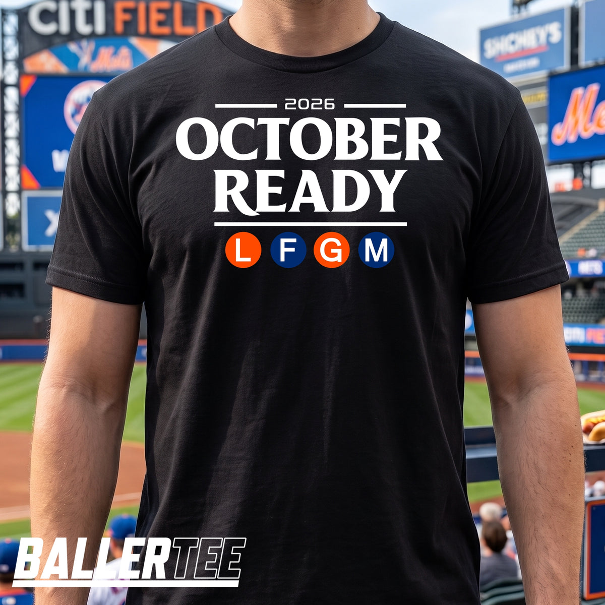New York Mets October Ready baseball graphic t-shirt in black, front view — BallerTee