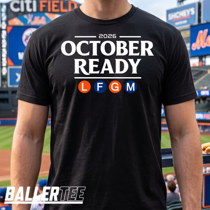 New York Mets October Ready baseball graphic t-shirt in black, front view — BallerTee