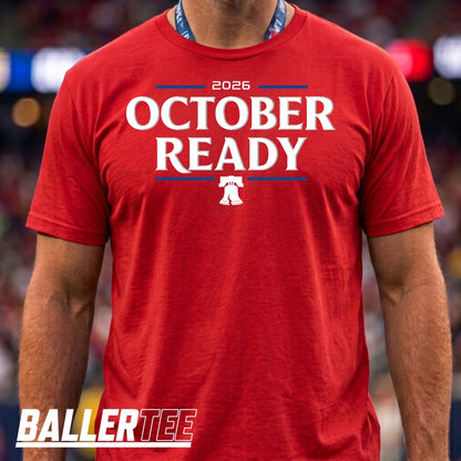 Philadelphia Phillies October Ready baseball graphic t-shirt in red, front view — BallerTee