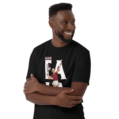 Alex Eala tennis graphic unisex t-shirt in black – bold serve illustration with "ALEX EALA" typographic design by BallerTee
