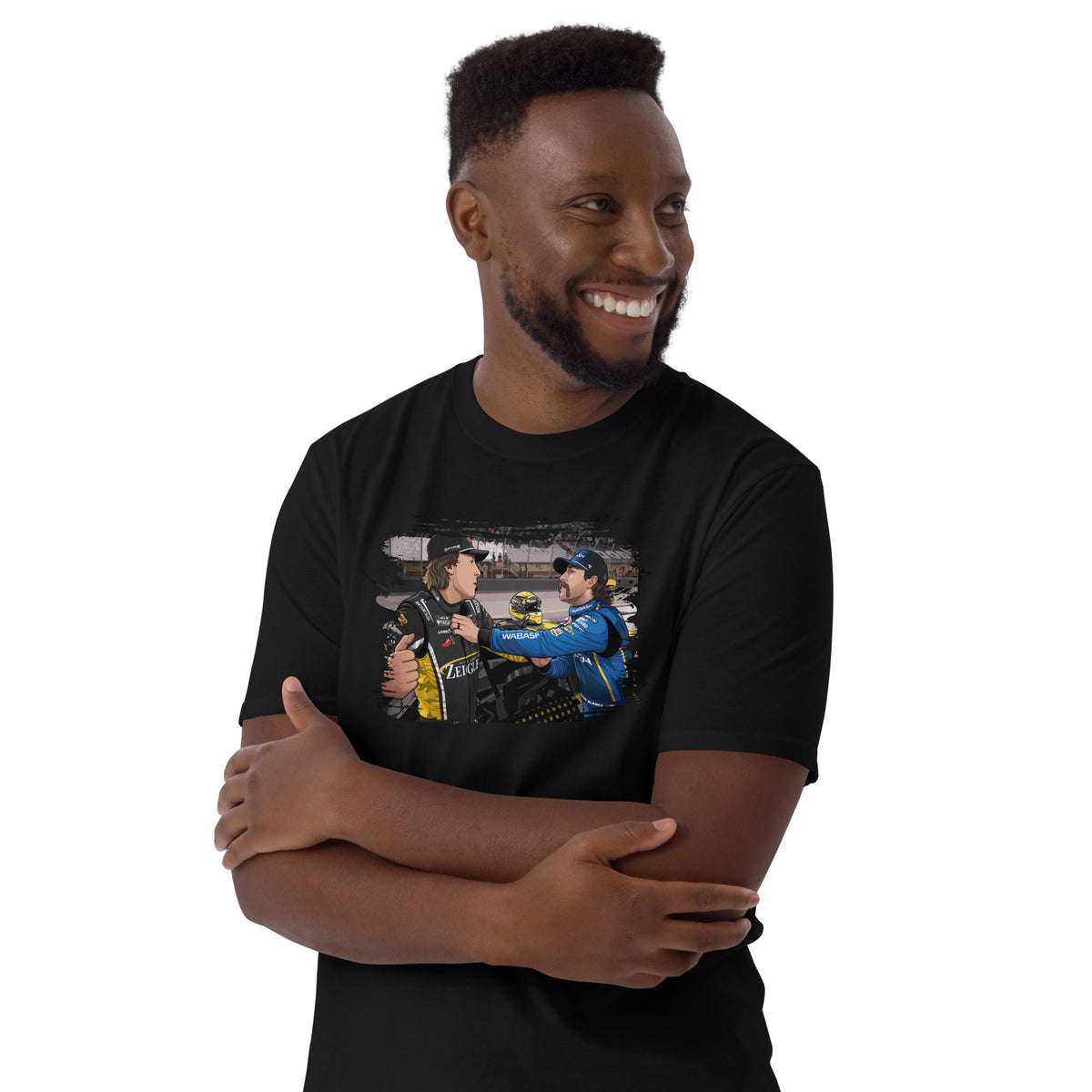 Carson Hocevar and Ryan Blaney fight meme graphic printed on a unisex racing fan T-shirt.