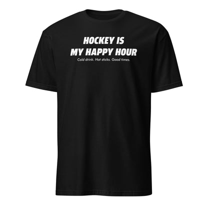 BallerTee Hockey Is My Happy Hour graphic t-shirt, black, front view