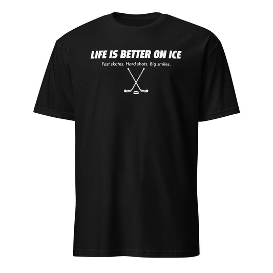 BallerTee Life Is Better On Ice hockey graphic t-shirt, black, front view
