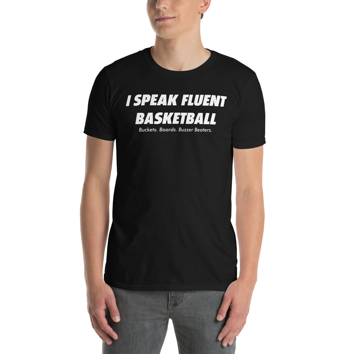BallerTee I Speak Fluent Basketball graphic t-shirt, black, front view