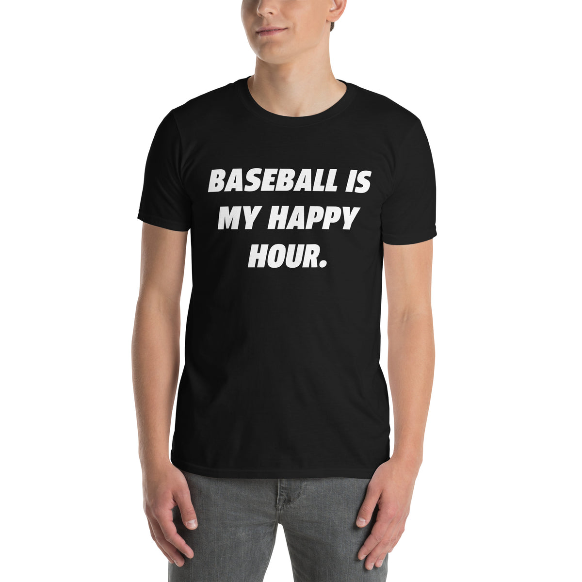 BallerTee Baseball Is My Happy Hour graphic t-shirt, black, front view