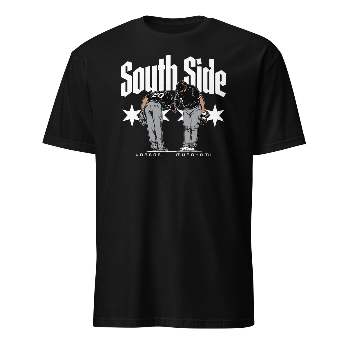 Black Chicago Baseball South Side graphic t-shirt featuring Vargas and Murakami with Chicago stars and bold gothic lettering