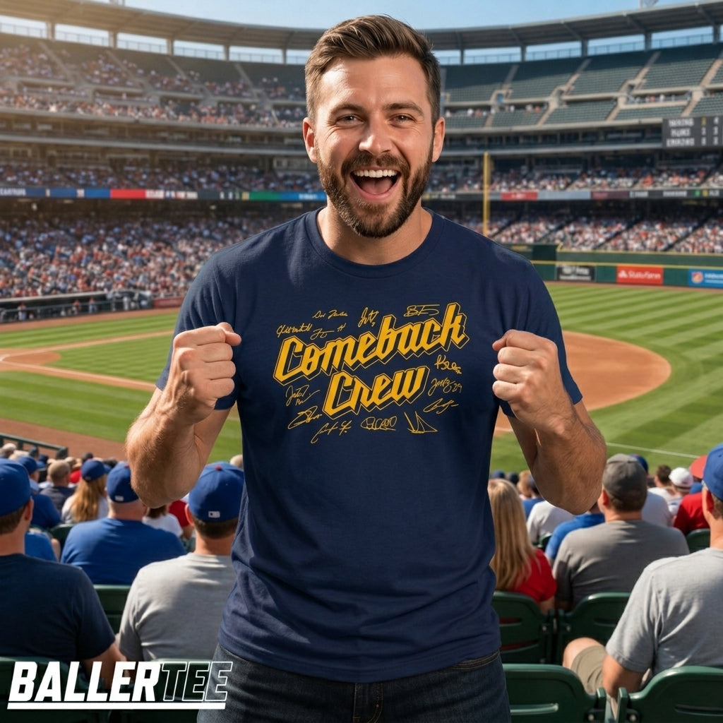 Navy Milwaukee Baseball Comeback Crew graphic t-shirt with bold gold script lettering and player signatures on the front
