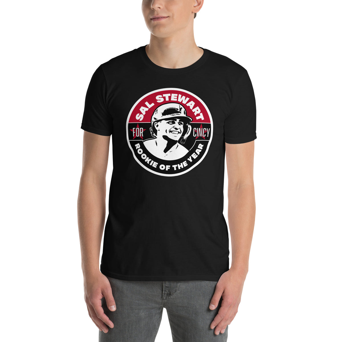 Black unisex t-shirt with bold circular graphic reading Sal Stewart For Cincy Rookie of the Year with player portrait