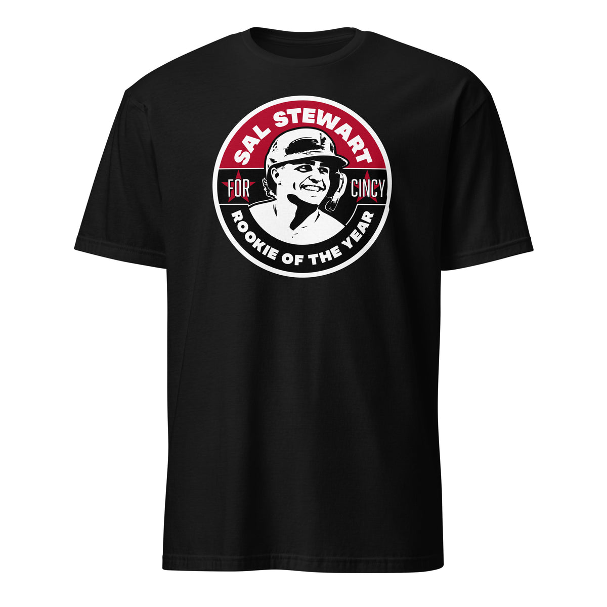 Black unisex t-shirt with bold circular graphic reading Sal Stewart For Cincy Rookie of the Year with player portrait