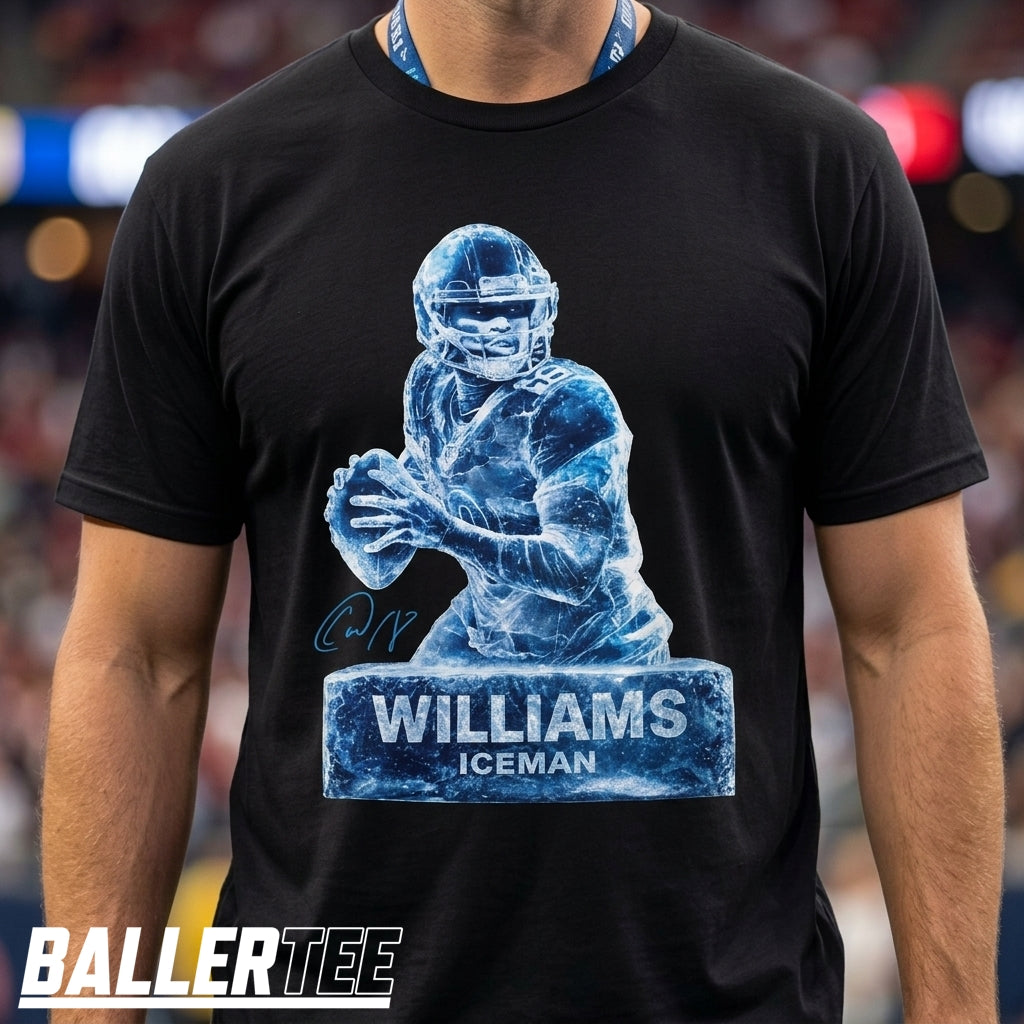 Williams Iceman Sculpture Graphic Football T-Shirt in black featuring a bold ice sculpture design of a Chicago football player mid-play