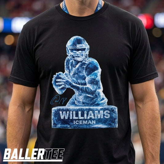 Williams Iceman Sculpture Graphic Football T-Shirt in black featuring a bold ice sculpture design of a Chicago football player mid-play