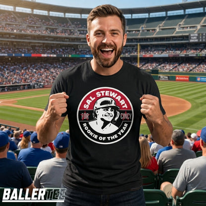 Black unisex t-shirt with bold circular graphic reading Sal Stewart For Cincy Rookie of the Year with player portrait