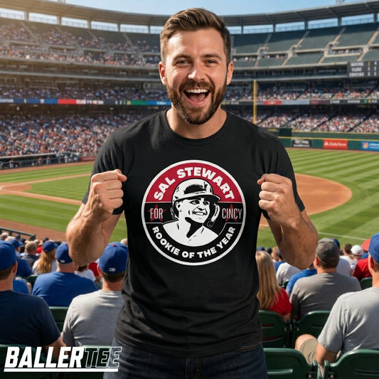 Black unisex t-shirt with bold circular graphic reading Sal Stewart For Cincy Rookie of the Year with player portrait
