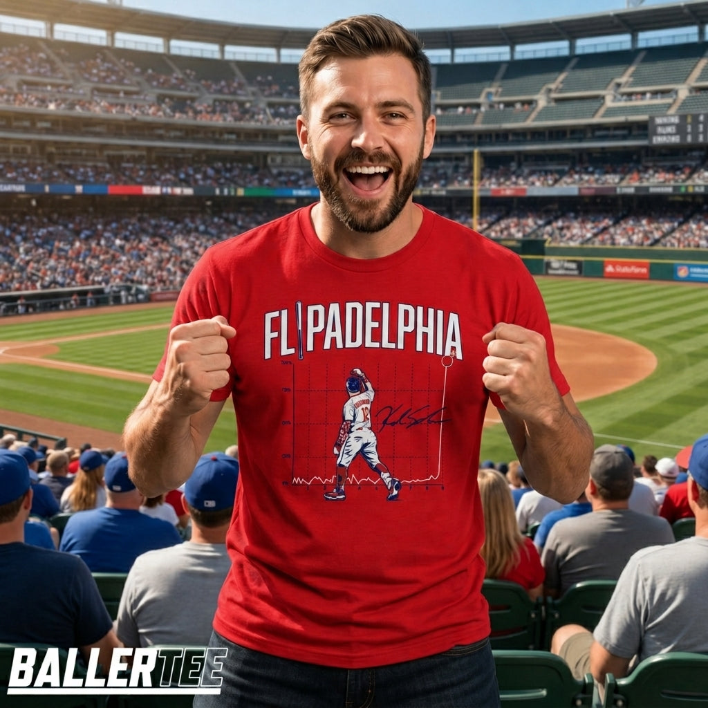 A man in a red baseball stadium wearing a red graphic t-shirt that reads 'FLIPADELFIA' with a baseball player illustration and signature. The background shows a packed baseball field and stands.