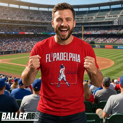 A man in a red baseball stadium wearing a red graphic t-shirt that reads 'FLIPADELFIA' with a baseball player illustration and signature. The background shows a packed baseball field and stands.
