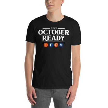 New York Mets October Ready baseball graphic t-shirt in black, front view — BallerTee