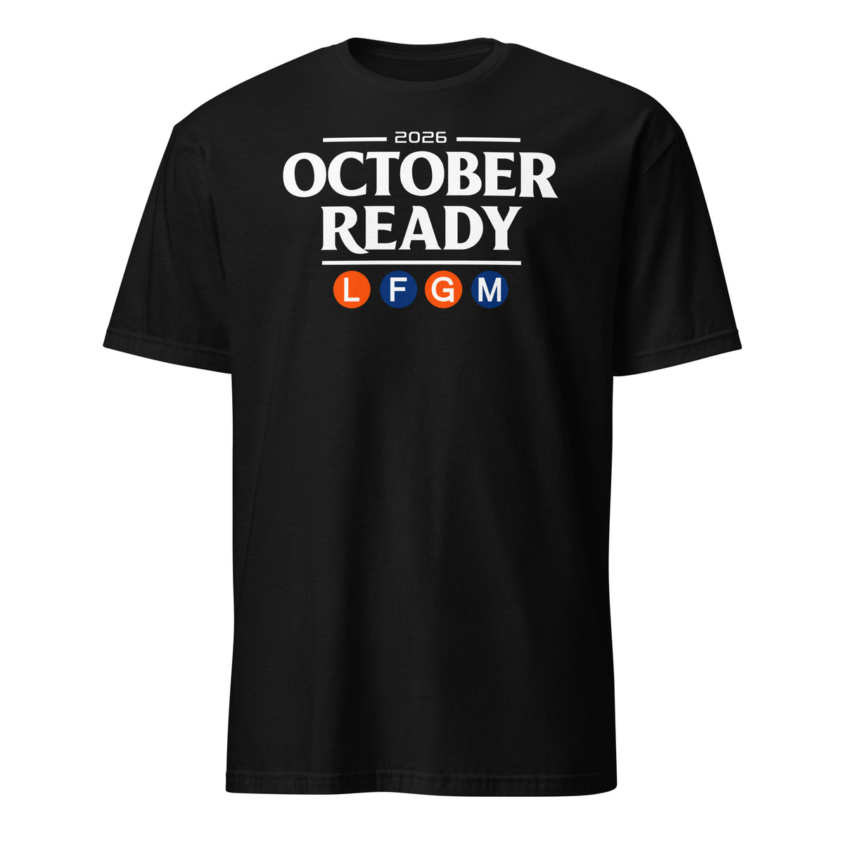 New York Mets October Ready baseball graphic t-shirt in black, front view — BallerTee