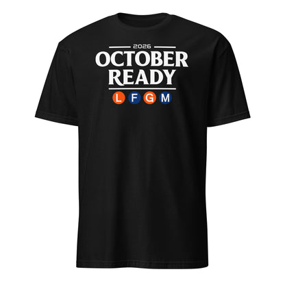 New York Mets October Ready baseball graphic t-shirt in black, front view — BallerTee