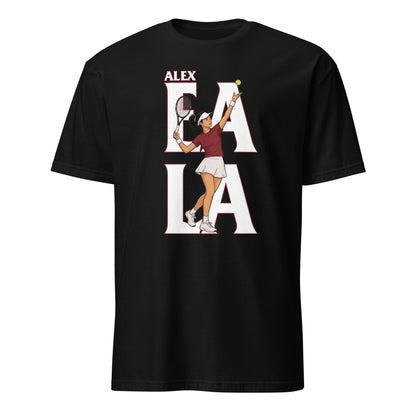 Alex Eala tennis graphic unisex t-shirt in black – bold serve illustration with "ALEX EALA" typographic design by BallerTee
