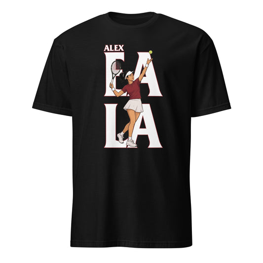 Alex Eala tennis graphic unisex t-shirt in black – bold serve illustration with "ALEX EALA" typographic design by BallerTee
