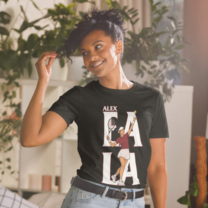 Alex Eala tennis graphic unisex t-shirt in black – bold serve illustration with "ALEX EALA" typographic design by BallerTee
