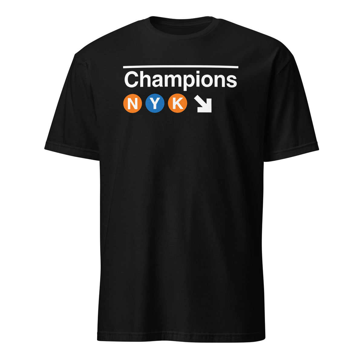New York basketball 2026 Champions t-shirt in black – NYC subway-inspired graphic with NYK lettering in orange and blue circles by BallerTee

