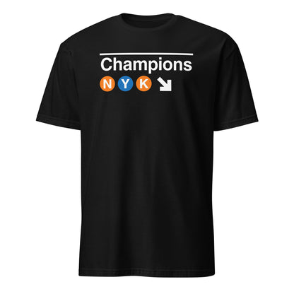 New York basketball 2026 Champions t-shirt in black – NYC subway-inspired graphic with NYK lettering in orange and blue circles by BallerTee
