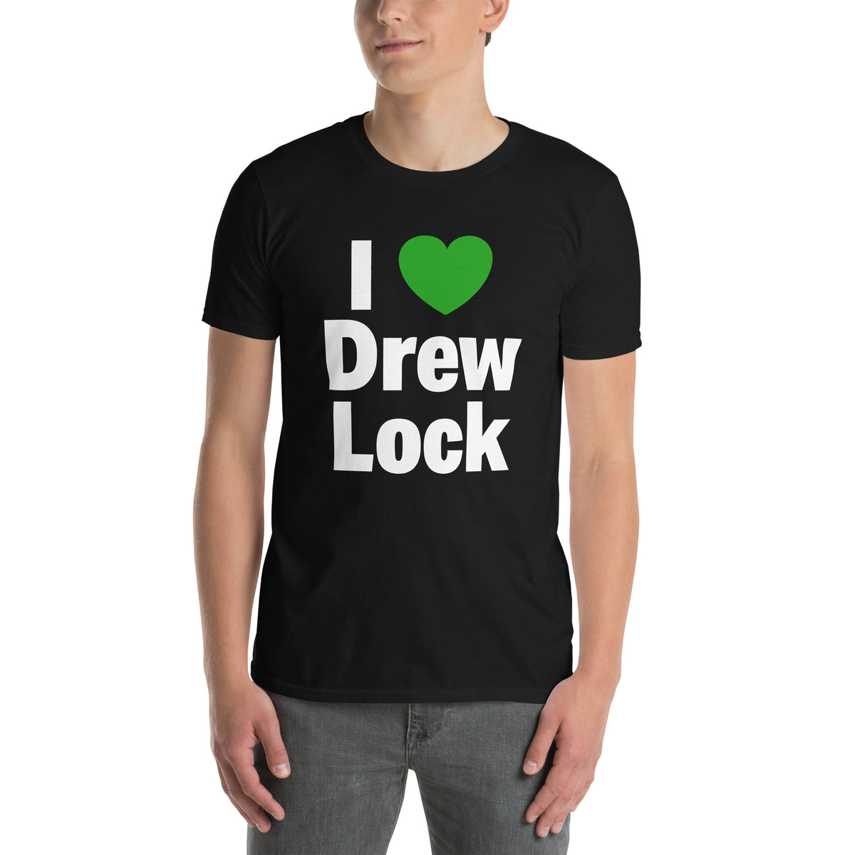 Black unisex t-shirt with "I Love Drew Lock" graphic in Seahawks green and white — BallerTee
