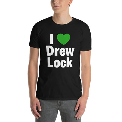 Black unisex t-shirt with "I Love Drew Lock" graphic in Seahawks green and white — BallerTee
