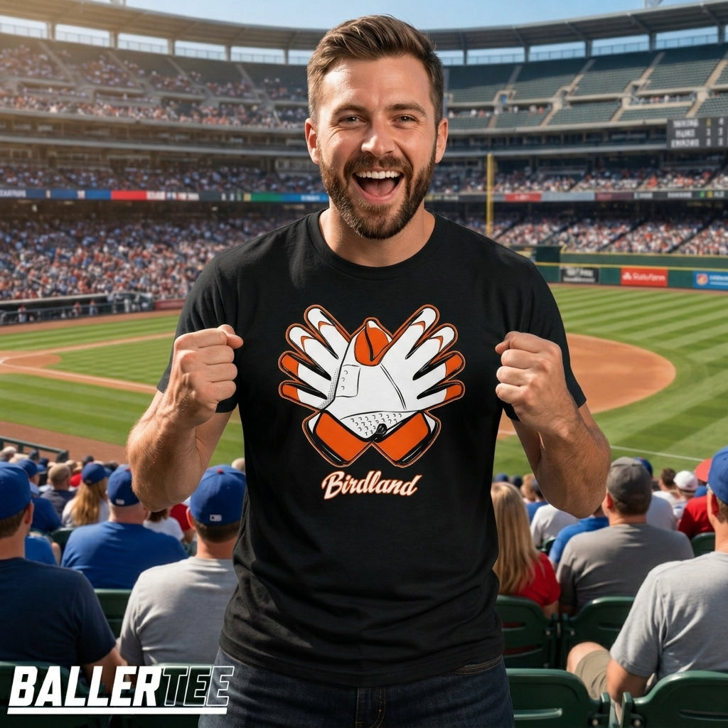 A man wearing a black t-shirt with a graphic of baseball gloves and the word 'Birdland' stands in a crowded baseball stadium. The t-shirt features an orange and white graphic of baseball gloves with a baseball in the center and the word 'Birdland' written below in orange script.