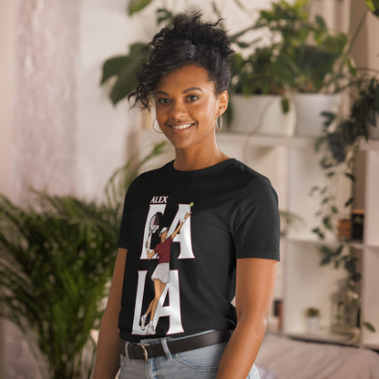 Alex Eala tennis graphic unisex t-shirt in black – bold serve illustration with "ALEX EALA" typographic design by BallerTee
