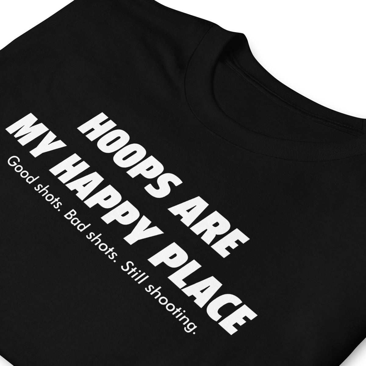BallerTee Hoops Are My Happy Place basketball graphic t-shirt, black, front view