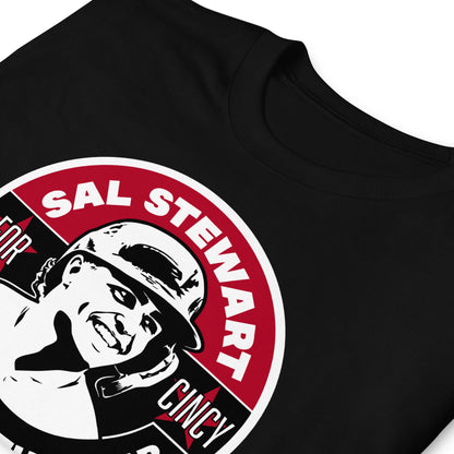 Black unisex t-shirt with bold circular graphic reading Sal Stewart For Cincy Rookie of the Year with player portrait