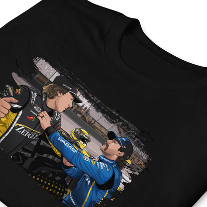 Carson Hocevar and Ryan Blaney fight meme graphic printed on a unisex racing fan T-shirt.