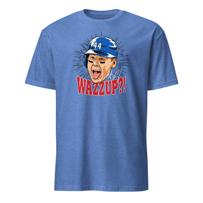 Rizzo Chicago C Wazzup Baseball Graphic T-Shirt – front view, heather royal