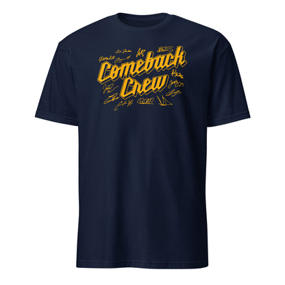 Navy Milwaukee Baseball Comeback Crew graphic t-shirt with bold gold script lettering and player signatures on the front