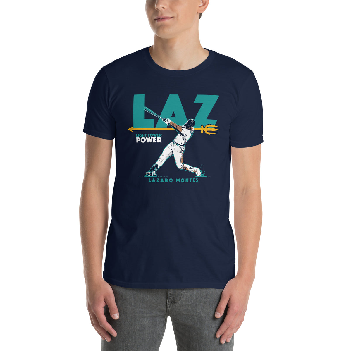 Lazaro Montes Seattle Mariners Baseball Unisex T-Shirt in navy, front view