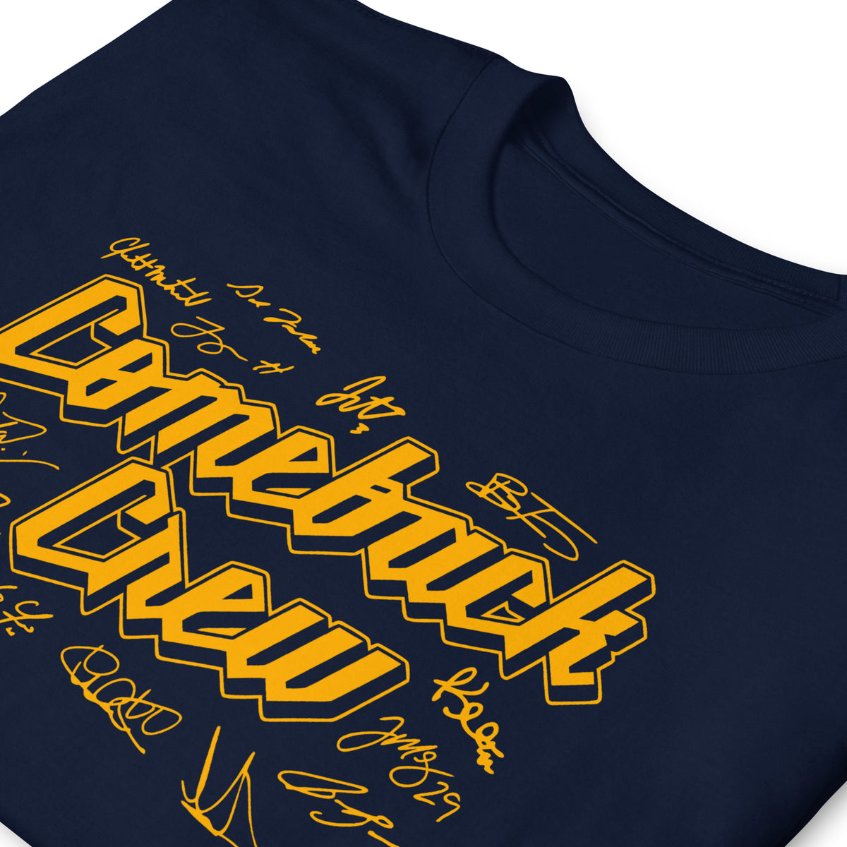 Navy Milwaukee Baseball Comeback Crew graphic t-shirt with bold gold script lettering and player signatures on the front