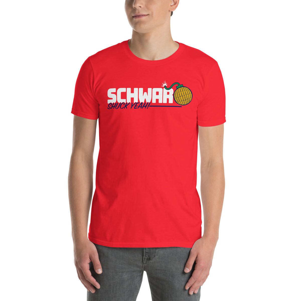 "Man wearing red Schwarber Corn Bomb Philadelphia Baseball T-Shirt – Shuck Yeah fan tee"