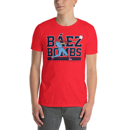 Red Baez Bombs St. Louis Baseball graphic t-shirt featuring a batter swinging with bold navy text on the front